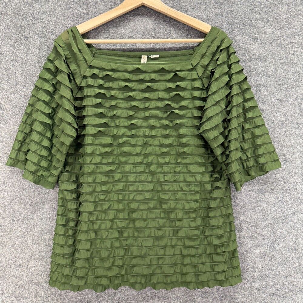 Tiara Blouse Women XL Green Short Sleeve Ruffle Square Neck Pullover Casual